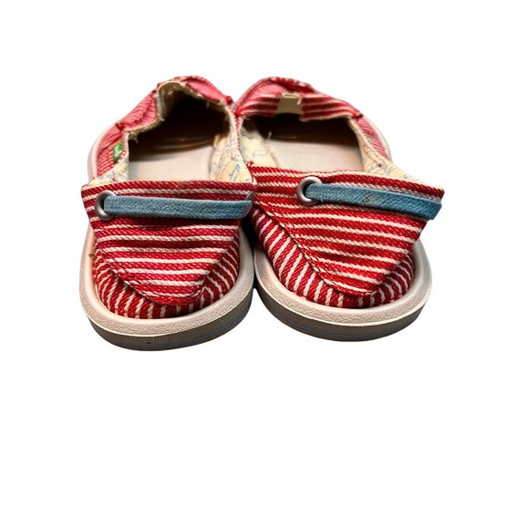 Sanuk Red White Striped Castaway Low Top Moccasins Flat Slip On Shoes Girls - Picture 4 of 6